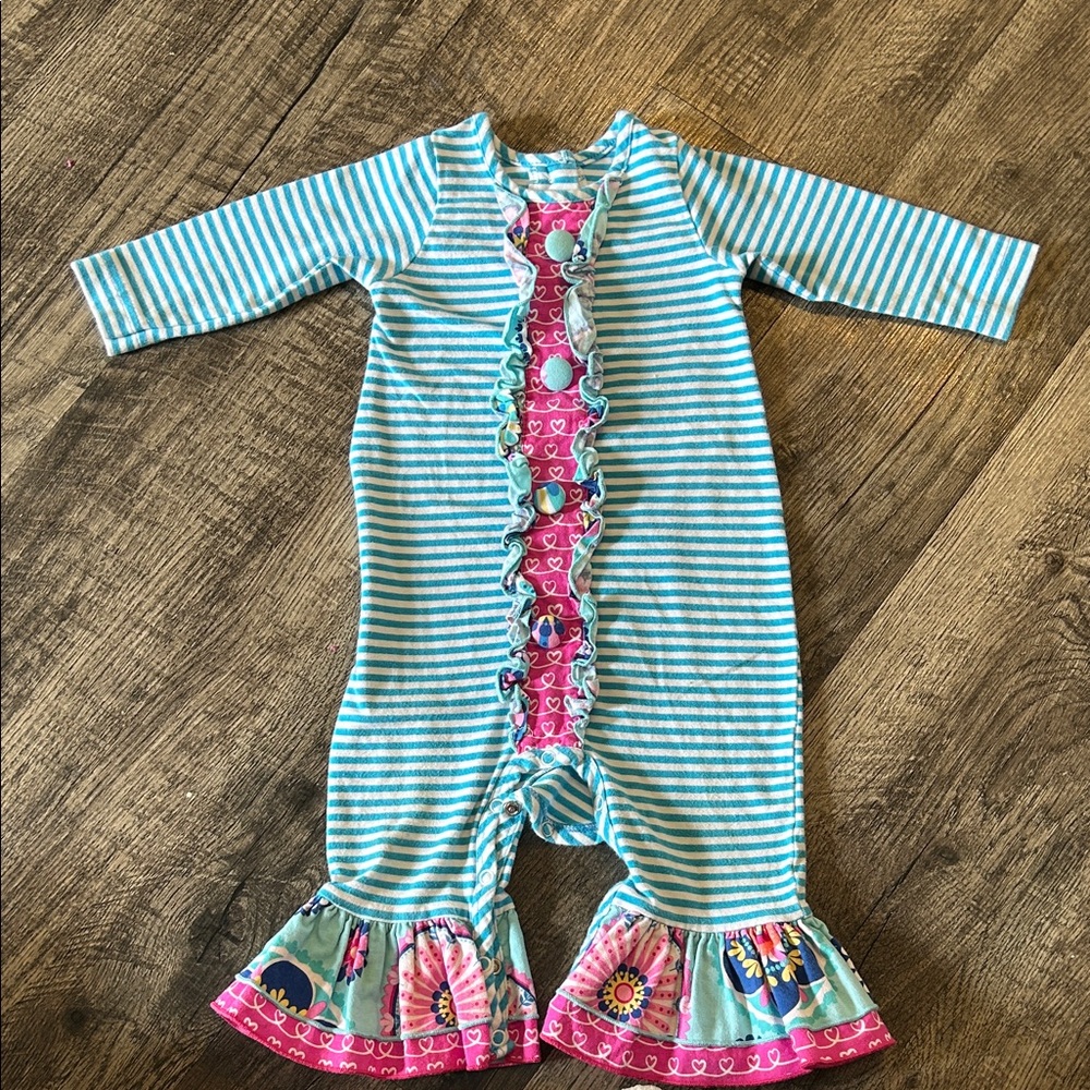 Striped Blue Baby Romper with Ruffle Details